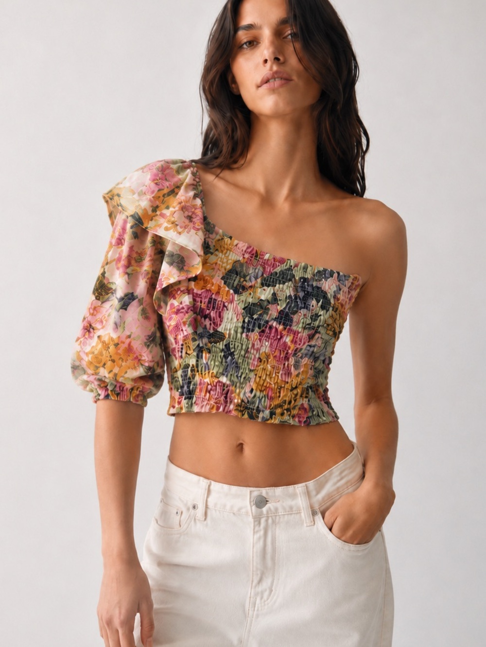 Zara Floral One-Shoulder Smocked Crop Top Party Rave Festival Outfit Cottagecore